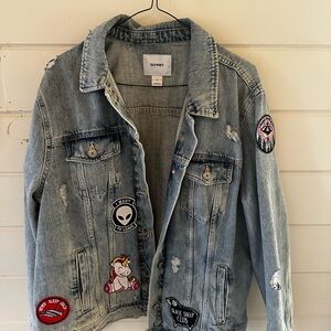 Old Navy Light Blue Distressed Womens Denim Jacket with Patches